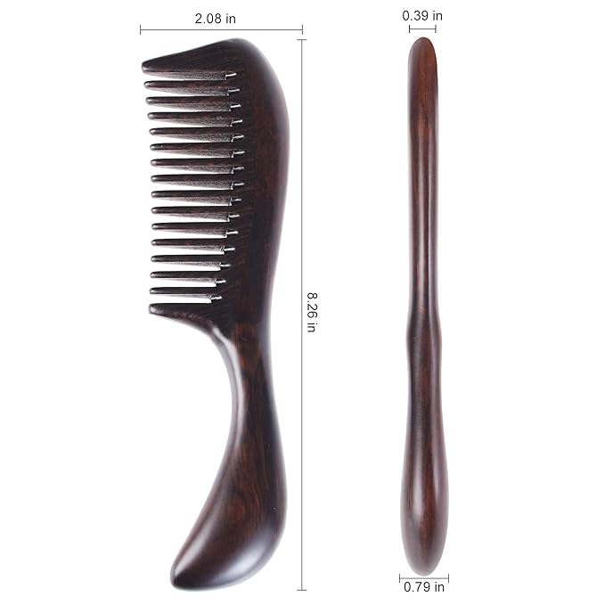 Onedor Handmade 100% Natural Black Sandalwood Hair Combs - Anti-Static Sandalwood Scent Natural Hair Detangler Wooden Comb (Round Handle Wide Tooth)