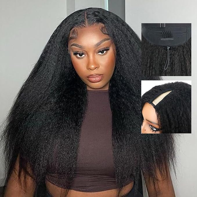 Larhali Kinky Straight V Part Wig Human Hair with Drawstring 200% Density Upgrade Glueless U Part Wig No Leave Out No Sew In V Part Wigs Kinky Straight Human Hair Wigs 20 Inch