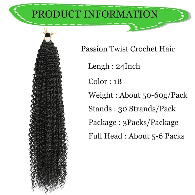 Curly Crochet Hair Extensions Black Passion Twist Braids 24Inch Long Curly Braiding Hair 3Packs Spring Crochet Braids Hair Extensions Goddess Box Braids for Black Women(24",1B)