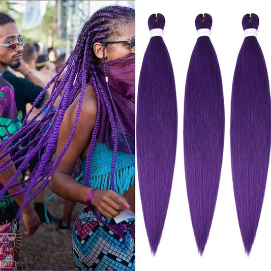 Purple Braiding Hair Extensions 26 Inch Pre stretched Braiding Hair Hot Water Setting Synthetic Hair Colored Braiding Hair Pre Stretched Crochet Braids Hair(26 Inch,3 Packs,Purple#）