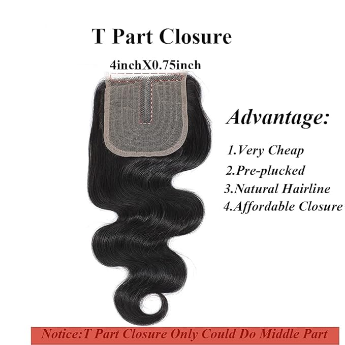 Amella Hair Brazilian Body Wave Hair 3 Bundles with T-Part Lace Closure Middle Part(10 12 14+10 Closure)100% Unprocessed Virgin Brazilian Body Wave Human Hair 3 Bundles with Closure Natural Black