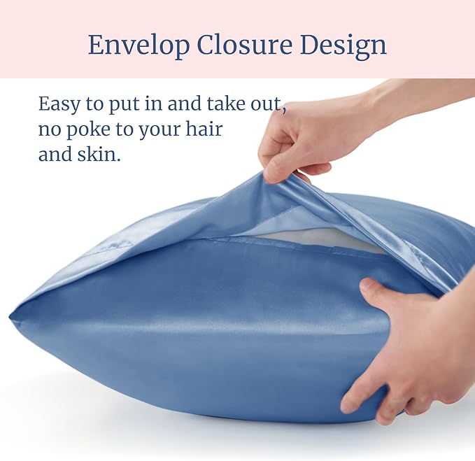 BEDELITE Satin Pillowcase for Hair and Skin, Super Soft and Cooling Similar to Silk Pillow Cases 2 Pack with Envelope Closure, Gift for Women Men(20"x26" Standard Size, Airy Blue)
