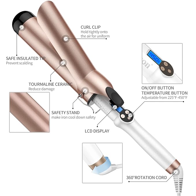 Hoson 2 Inch Curling Iron Large Barrel, Long Barrel Curling Wand Dual Voltage, Ceramic Tourmaline Coating with LCD Display, Glove Include