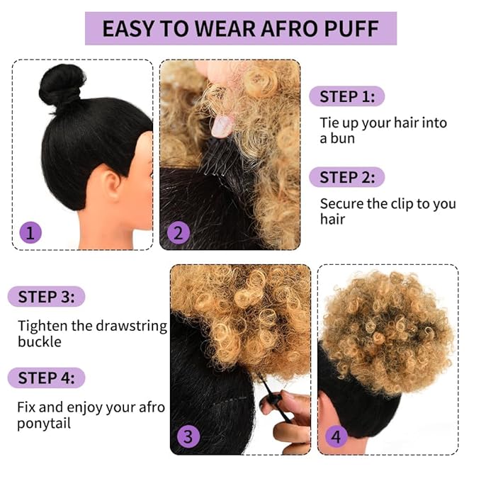 YEAME Afro Puff Drawstring Ponytail for Black Women, Short Kinky Curly Afro Ponytail Synthetic Hair Puffs, Black to Honey Brown Afro Bun Drawstring Ponytail for Women Girls (1B27 Black to Honey Brown)