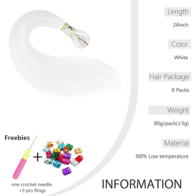 Pre Stretched Braiding Hair With Yaki Texture, Professional Hair Extension for Corochet Braid (White, 24inch（pack of 8）)