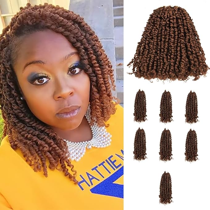 10 Inches 7 Packs Pre Looped Pretwisted Passion Twist Crochet Hair for Black Women and Kids-Natural Brown,Soft Hair Extensions Braided by Synthetic Spring Kinky Twist Bohemian Curl(10"-7 Packs,30#)