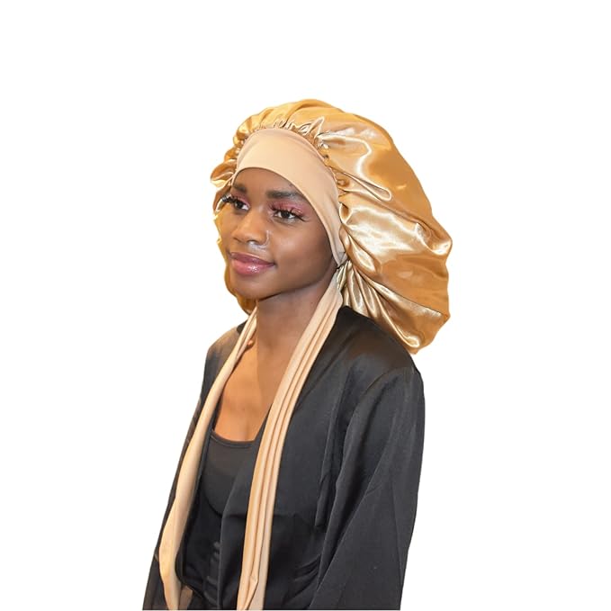 BONNET QUEEN Large Satin Silk Bonnet for Sleeping Women's Curly Hair - Big Night Sleep Cap Scarf Wrap with Tie Band - Yellow Gold