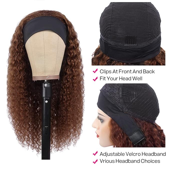 24 Inch #4 Brown Headband Wigs Human Hair Water Wave Wigs for Black Women Brazilian Virgin Hair Glueless None Lace Front Half Wig Wear and Go Chocolate Brown Headband Wigs Human Hair