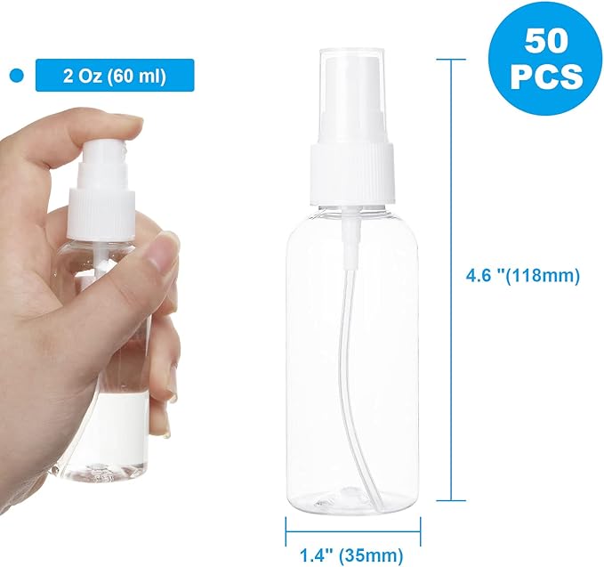APACALI 50pcs 2 Oz Clear Fine Mist Spray Bottles, Reusable, Leak-Proof, Mini Travel Empty Spray Bottles for Perfume, Plant, etc. (60ml)