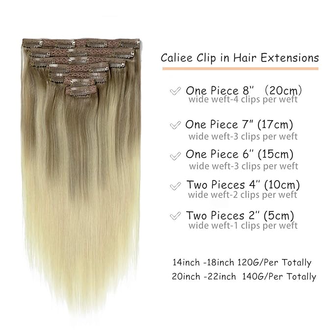 Caliee Clip in Hair Extensions Real Human Hair 22 Inch 140G B8/60A Light Brown Fading to Platinum Blonde Ombre Clip in Hair Extensions Human Hair Double Weft with 16 Clips for Full Head