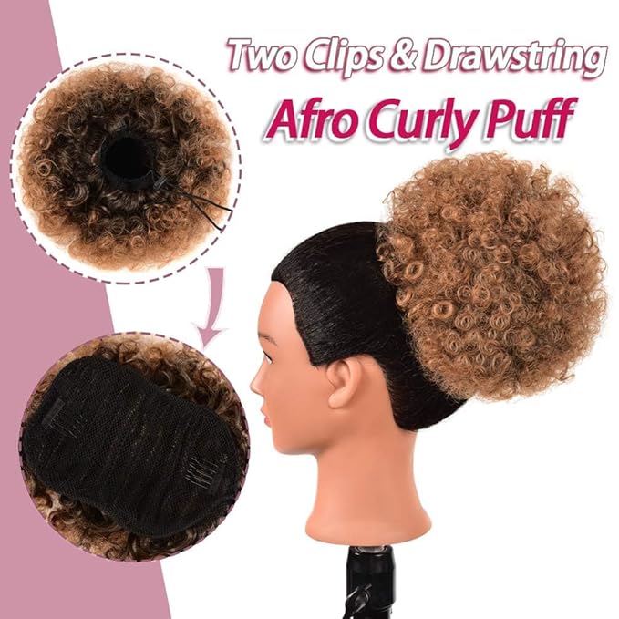 Rosmile Afro Puff Drawstring Ponytail Extension for Black Women - Premium Ombre Brown T1B/30# 80g Short Synthetic Natural Hair Clip On Kinky Curly Bun