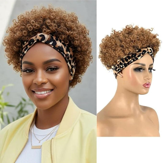 Short Curly Wigs with Headbands Attached for Black Women Synthitic Kinky Curly Afro Puff No Drawstring Ponytail Wig Headwrap Hairstyles With 2 Clips(T1B/30)