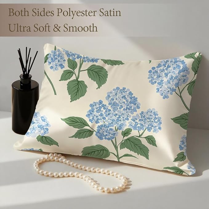 Silk Pillowcase for Hair and Skin Blue Hydrangea Flowers and Leaves Satin Pillowcase Standard Size with Zipper Silky Soft Cooling Satin Pillowcase Sleeping for Women 20"x26"