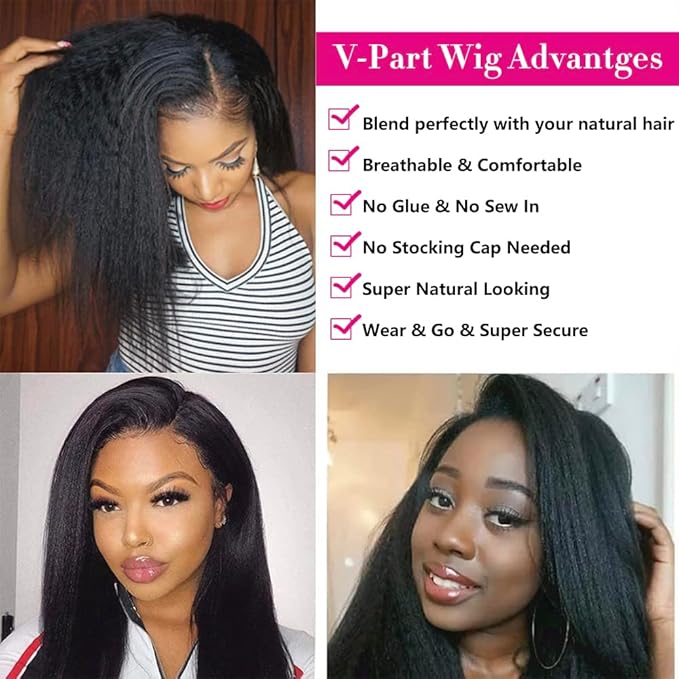 Larhali Kinky Straight V Part Wig Human Hair with Drawstring 200% Density Upgrade Glueless U Part Wig No Leave Out No Sew In V Part Wigs Kinky Straight Human Hair Wigs 20 Inch