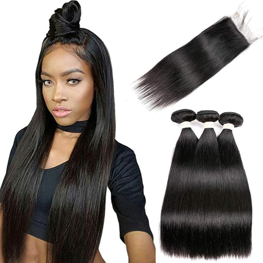 Brazilian Straight Hair Virgin Human Hair 3 Bundles with (4x 4) Lace Closure Straight Wave Weft 100% Unprocessed Real Human Hair Extensions Natural Color (22 22 22+18" Free Part Closure)