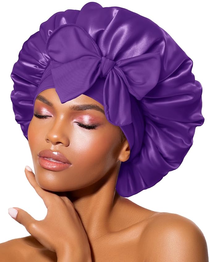 BONNET QUEEN Silk Bonnet for Sleeping Women Satin Bonnet Night Sleep Cap Wrap for Curly Hair with Adjustable Tie Band,Purple