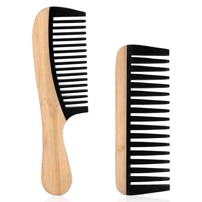 2pcs Wooden Wide Tooth Comb, Anti-Static Large Bamboo Gentle Detangling Hair Comb with Big Bakelite Teeth Detangler Brush for Women Curly Wavy Hair Stylist Essentials Products Care Tools