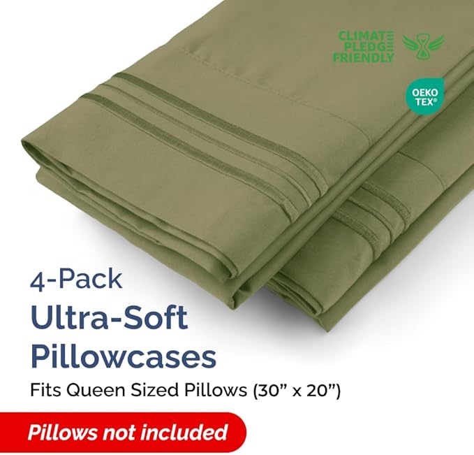Queen Pillow Cases Set of 4 - Ultra Soft Hotel Quality Pillowcase Covers - Comfy, Cozy & Wrinkle Free - Shrink, Stain & Fade Resistant - Machine Washable Pillow Protectors - 4 Piece Set - Sage Green