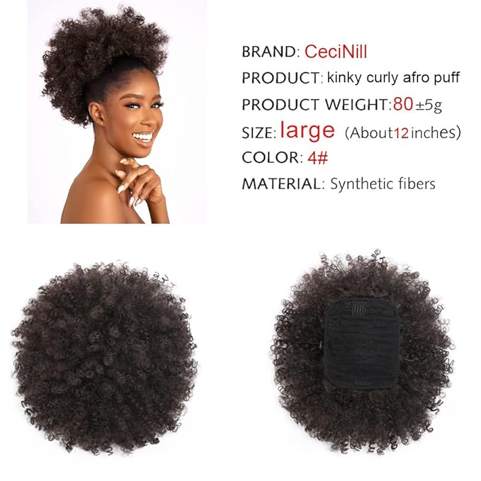 Afro Puff kinky curly Drawstring Ponytail Extension for Black Women Synthetic Short Afro Kinkys Curly Afro Bun Extension Hairpieces Updo Hair Extensions with Two Clips(4#)