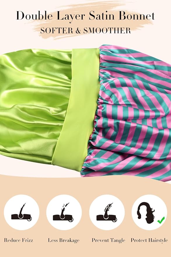 Double Layer Silk Bonnet with Tie Satin Lined Sleep Cap Hair Cover for Women's Curly Natural Hair