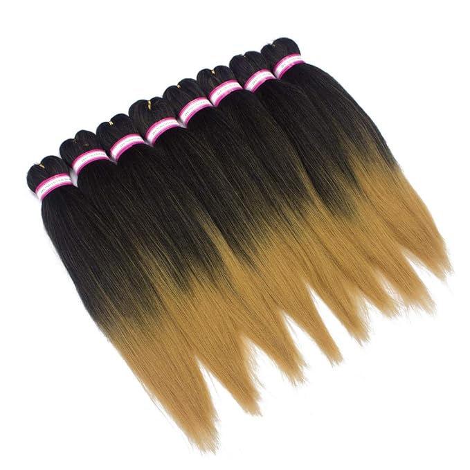 Pre-stretched Braiding Hair Extension Ombre Natural Black Brown Professional Crochet Braiding Hair 24 Inch 8 Packs Hot Water Setting Perm Yaki Synthetic Hair for Twist Braids (#1B/27)
