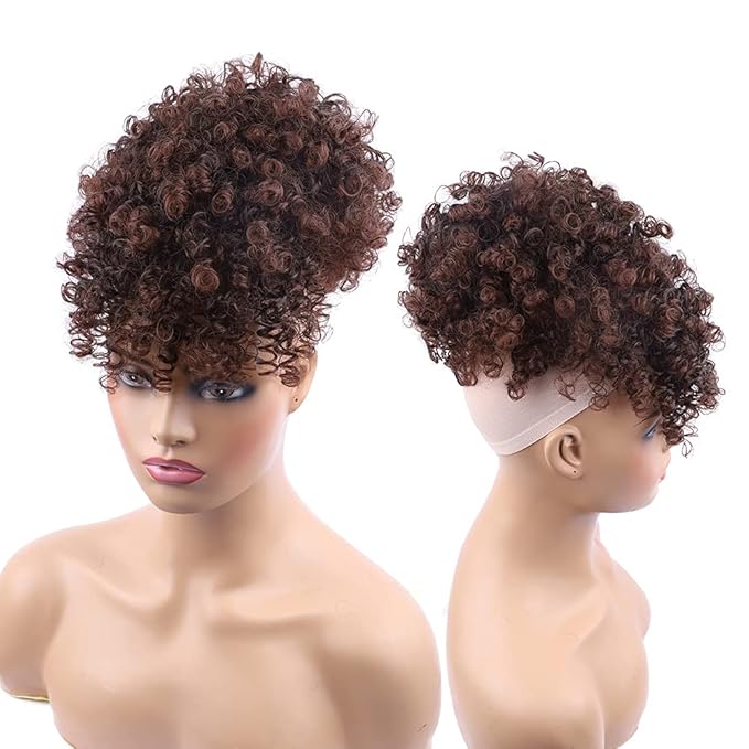 ENTRANCED STYLES Drawstring Ponytail with Bangs - Afro Puff Extensions for Women, Short Curly Clip in Wrap Updo Hairpiece (2-33#)