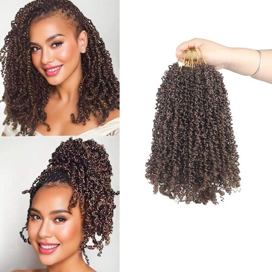 Yanky Twist Crochet Hair, PILLUGER Yaki Twists Hair Micro Spring Twist Braids,9 Packs Pre-looped passion Twist Brown Senegalese With Curls Crochet Synthetic Hair Extensions（8-1B/H/30）