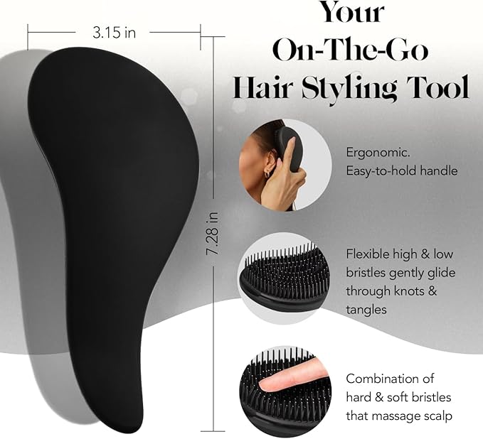 Kitsch Detangler Brush – Gentle Curly Hair Brush with Flexible Bristles for All Hair Types - Wet or Dry | Detangling Hair Brushes for Women & Men, Adults & Kids - Black