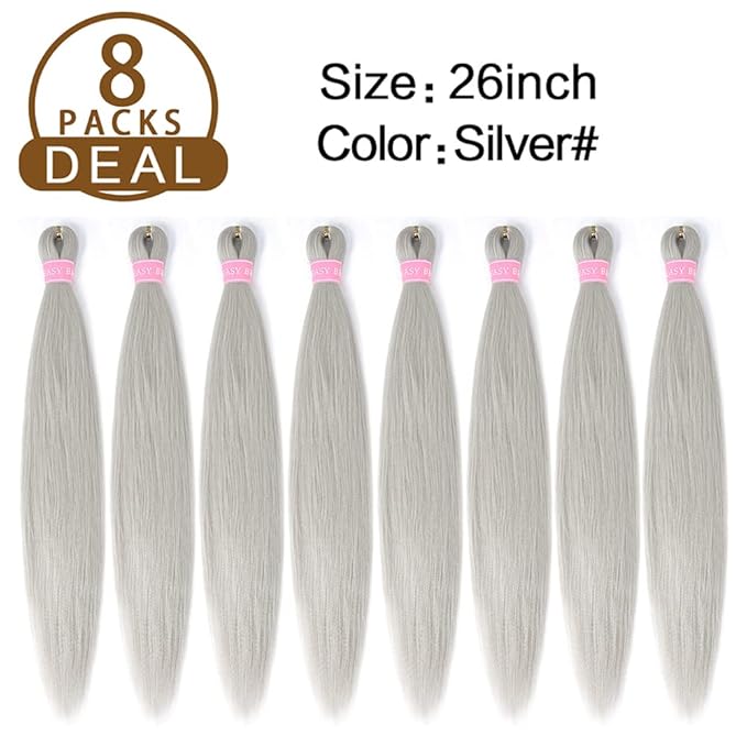 AQINBEL Braiding Hair 8 Bundles/Pack 26" Pre-Stretched Silver Grey Extensions - Itch-Free Crochet Twist Braids With Yaki Texture for Women