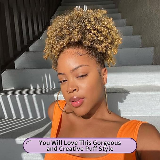 YEAME Afro Puff Drawstring Ponytail for Black Women, Short Kinky Curly Afro Ponytail Synthetic Hair Puffs, Black to Honey Brown Afro Bun Drawstring Ponytail for Women Girls (1B27 Black to Honey Brown)