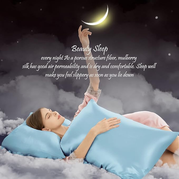 Silk Pillowcase for Hair and Skin Mulberry Silk Pillowcase Soft Breathable Smooth Both Sided Natural Silk Pillowcase with Zipper Beauty Sleep Silk Pillow Case 1 Pack for Gift(Standard,Baby Blue)