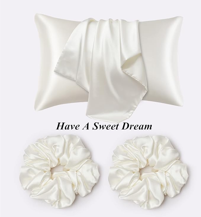 Satin Pillowcase for Hair and Skin, Ivory Silk Pillowcase Queen Size Set of 2 Pack Cooling Satin Pillow Cases with Envelope Closure, Vegan Silk Satin Pillowcase Set with 2 Scrunchies