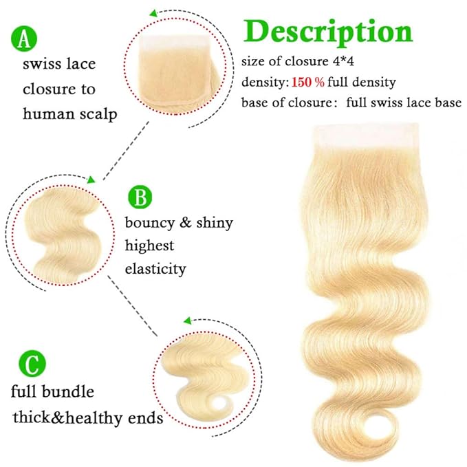 613 Blonde Bundles with Closure Human Hair (12 14 16+10") 12A Brazilian Blonde Body Wave Human Hair 3 Bundles with Closure 100% Unprocessed Virgin Body Wave Weave with Lace Closure