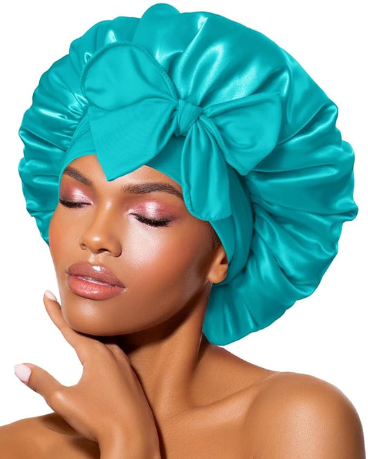 BONNET QUEEN Silk Bonnet for Sleeping Women Satin Bonnet Night Sleep Cap Wrap for Curly Hair with Adjustable Tie Band, Single Layer, Aqua Blue