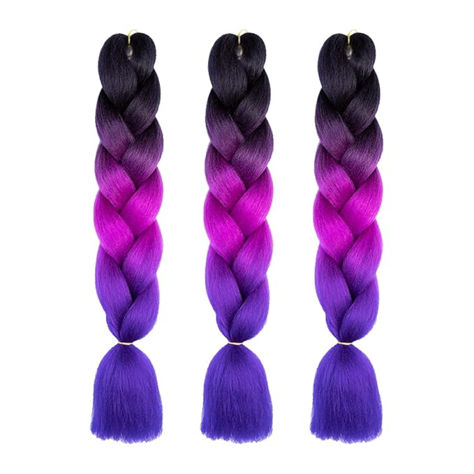 Xiaofeng Braiding Hair Extensions for Women 3 Packs 100g/Pack 24Inch High Temperature Ombre Jumbo Synthetic Braiding Hair for Twist Crochet Braids (24 Inch (Pack of 3), black-purple red-blue-3Pcs)