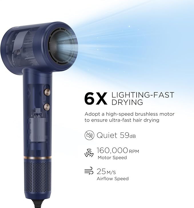 Hair Dryer, PARWIN PRO BEAUTY Fast Drying Blow Dryer with Diffuser, 110,000 RPM High Speed Hair Dryer with HD Display, 200 Million Negative Ions for Frizz Smoothing, 2 Speeds & 3 Temps, Prussian Blue