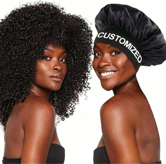 Custom Silk Bonnet for Women - Personalized Name Logo Satin Bonnet Hair Wrap for Sleeping Band Sleep Night Head Cover for Curly Braid Fine Black
