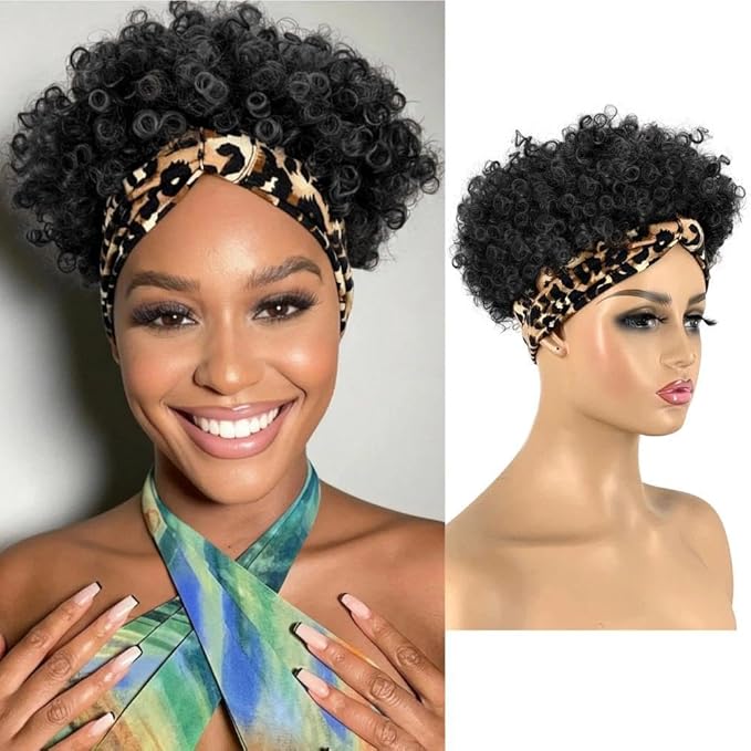 Short Wigs for Black Women Afro Wigs for Black Women Headband Wig with Headbands Attached Kinky Curly Pineapple Wig