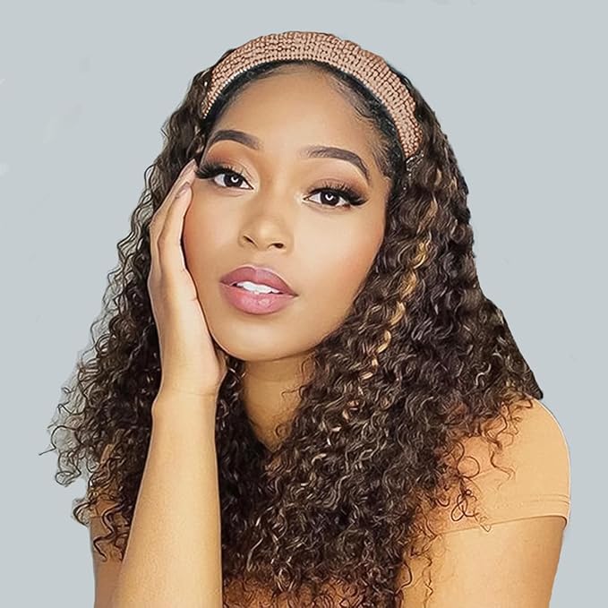 Ombre Curly Headband Wig Human Hair 4/27 Highlight Deep Wave Headband Wigs for Black Women Human Hair 16 Inch Glueless Water Wave Headband Human Hair Wigs