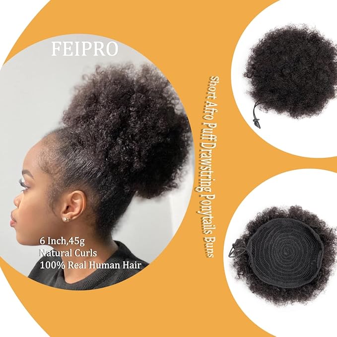 Natural Drawstring Ponytails Real Human Hair for African Black Women Girls Kids,short Afro Puffs Hair Buns Kinky Curly Hairpieces With 2 Stable Combs (8 Inch,#1B Natural Black)