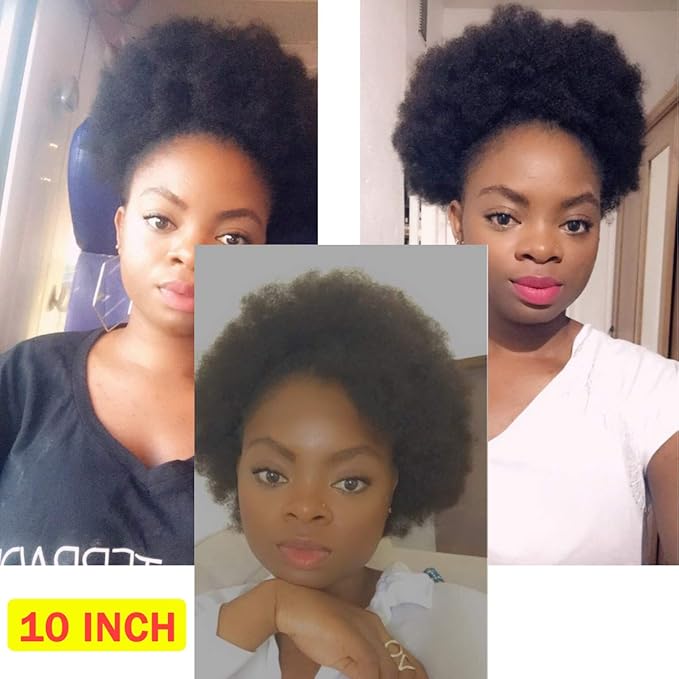WENYU Afro Puff Drawstring Ponytail Human Hair Bun For Black Women 8A Brazilian Virgin Afro Kinky Curly Clip In Ponytail Extension Human Hair Pieces Natural Color (10 Inch, Drawstring Ponytail)
