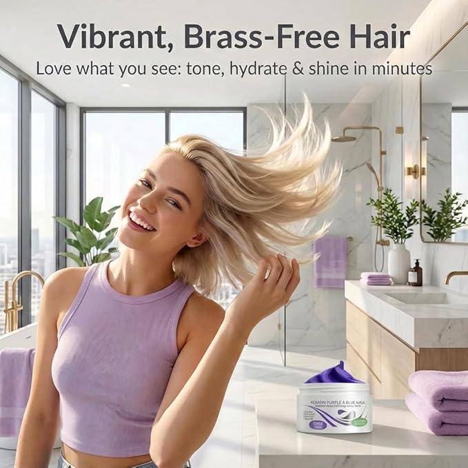 VITAMINS hair cosmetics Keratin Purple Hair Mask - Blue Hair Mask Deep Conditioner Treatment - Blonde Toner to Neutralize Brassiness in Brassy Blonde, Silver, White, Gray & Brown Locks