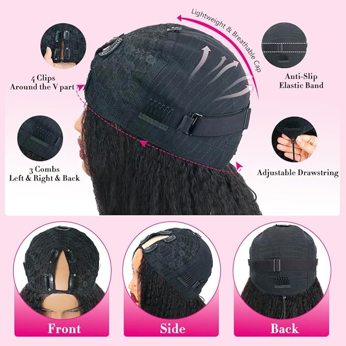 Larhali Kinky Straight V Part Wig Human Hair with Drawstring 200% Density Upgrade Glueless U Part Wig No Leave Out No Sew In V Part Wigs Kinky Straight Human Hair Wigs 22 Inch