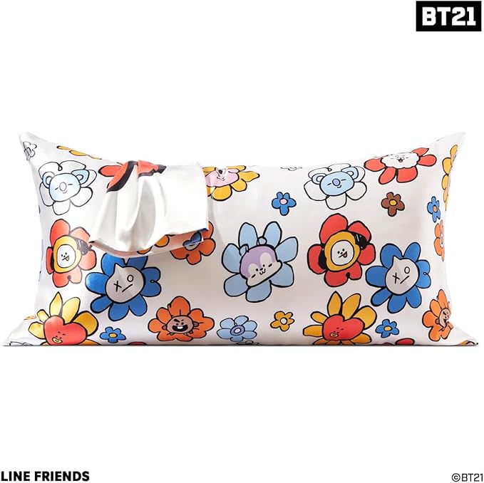 Kitsch x BT21 Satin Pillowcase with Zipper – Better Than Silk Pillowcase, RJ Character & Funky Floral Print – Soft Cooling Toddler Bed Time Pillow Case for Hair & Skin – King Size 19x36
