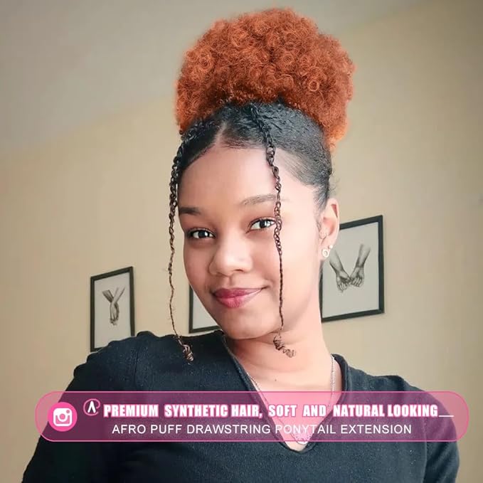 rosmile Afro Puff Drawstring Ponytail Extension for Black Women, Premium Dark Orange 80 Gram Short Synthetic Afro Puff Ponytail for Natural Hair, Clip On Kinky Drawstring Curly Ponytail Bun