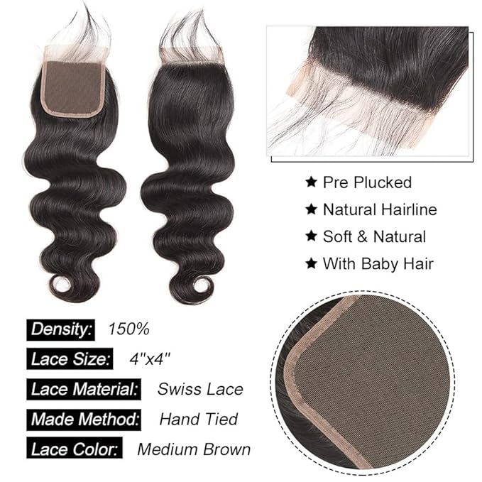 Aopusi Body Wave Bundles with Closure (18 20 22+16 Inch,Free Part) Brazilian Virgin Hair Bundles with Lace Closure Body Wave Human Hair Bundles with Closure Hair Weft for Black Women