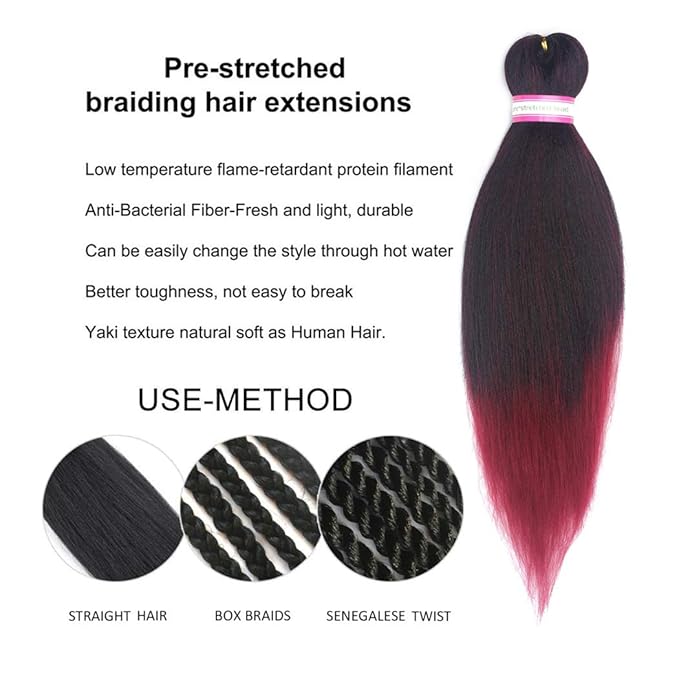 Dorsanee Ombre Burgundy Braiding Hair Pre Stretched 24 Inch 8 Packs Braiding Hair Extensions for Crochet Box Braids Twists Locs Hair Itch Free Soft Yaki Texture Hot Water Setting (24inch,#1B/Bug)