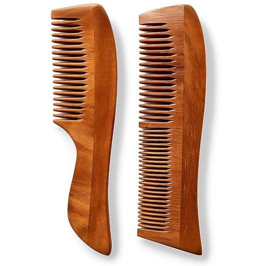 Natural Neem Wood Comb Set of 2 [Wave Lily & Wave Handle] – Wide & Fine Tooth Handmade Wooden Hair Combs for Men & Women | Eco-Friendly, Plastic-Free, Scalp Comb for Gentle Hair Care