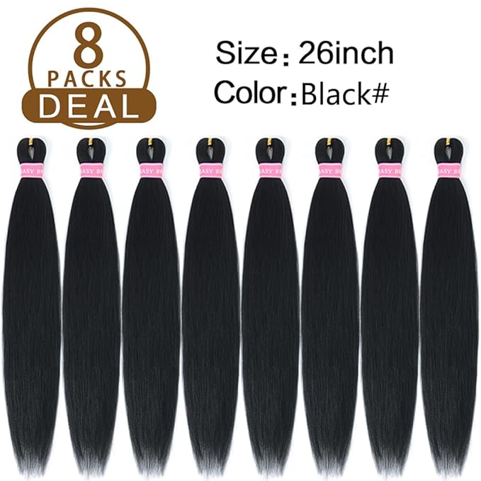 AQINBEL Braiding Hair Pre Stretched 26 Inches 8 Packs Black Braiding Hair Professional Itch Free Synthetic Hair Braids Yaki Texture Hair Extensions Braiding for Women (Black)
