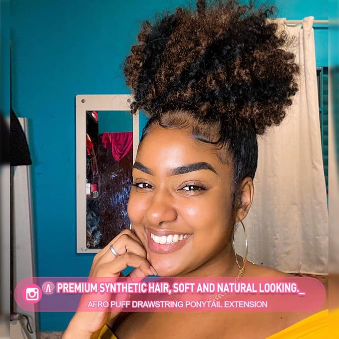 rosmile Afro Puff Drawstring Ponytail Extension for Black Women, Premium Black to Brown 80 Gram Short Synthetic Afro Puff Ponytail for Natural Hair, Clip on Kinky Drawstring Curly Ponytail Bun